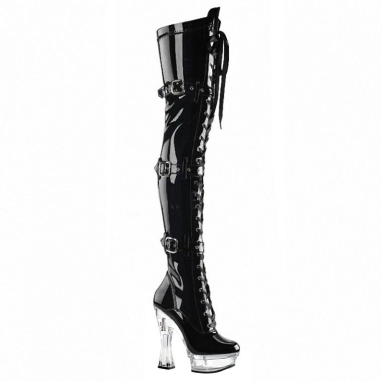Nianzheni 5 Inch Buckle Over The Knee Boots Clear Coarse Heel Pole Dance Exotic