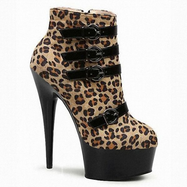 6 Inch Buckle Strip Gothic Exotic Shoes Pole Dance Leopard High Heels Nightclub Platform Ankle Boots C-101