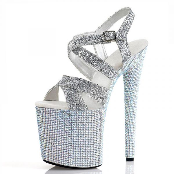 20cm Women Buckle Rhinestones Gothic Sandals Stripper Punk Silver Platform High heels Roman Crystal Pole Dance Shoes E-290