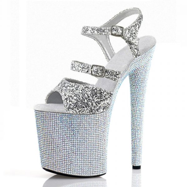 8 inch Women Sparkling Glitter Rhinestones Sandals Stripper Silver Platform Sexy Super High heels Crystal Pole Dance Shoes E-292