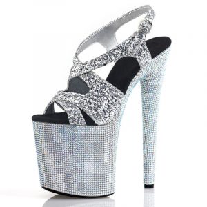 8 inch Women Skeleton Rhinestones Gothic Sandals Stripper Roman Silver Platform High heels Crystal Pole Dance Shoes E-292