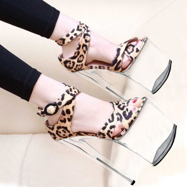 8 Inch Sexy Women Ankle Strap Leopard Sandals Buckle Thin Heels Clear Pole Dance Shoes Q-145